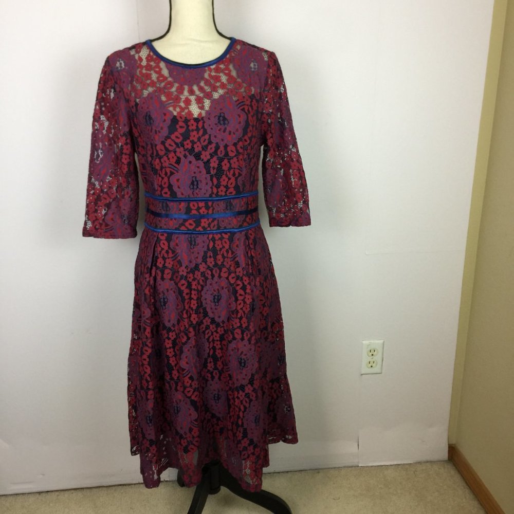 Miusol Fit & Flare Dress Size M Womans Red & Purple Lace Floral Half Sleeve - Picture 3 of 16